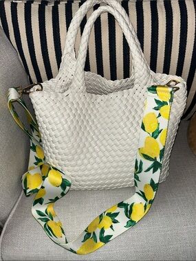 Woven White Shoulder Bag with Lemon-Print Strap
